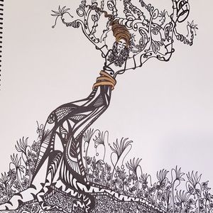 Unframed Original Art Tree Lady Drawing Illustration w Metallic Highlights